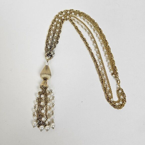 Vintage Triple Strand Faux Pearl Gold Tone Metal Tassel Beaded Pendant Necklace - Picture 4 of 10